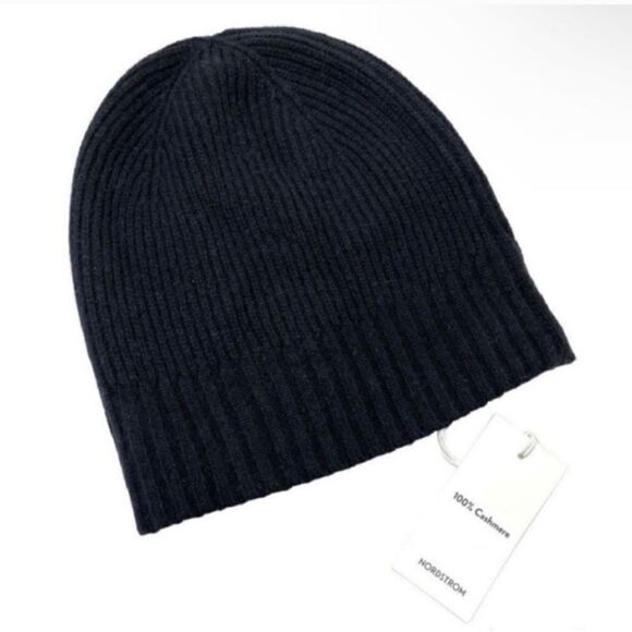 NORDSTROM 100% Cashmere NWT Black Knit Beanie Hat - Picture 5 of 5